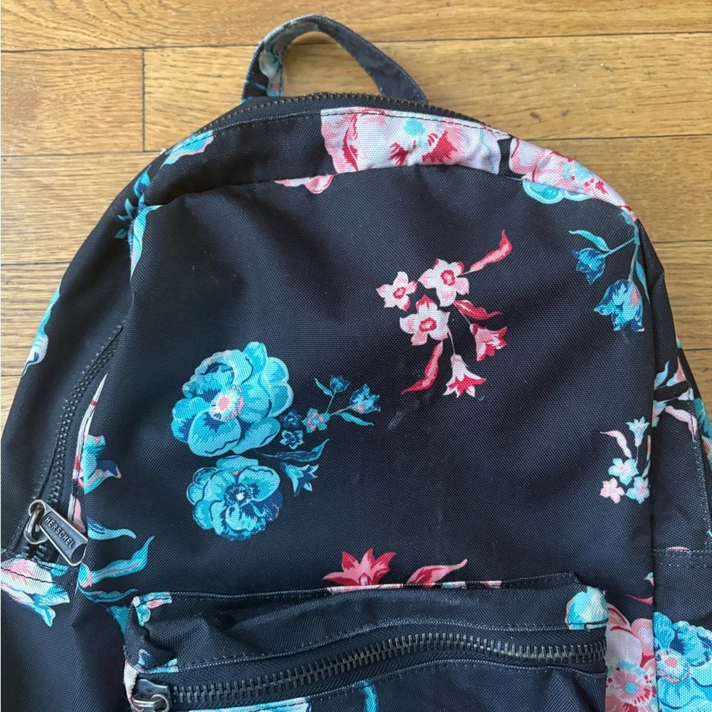 Herschel Backpack Black w/ Multicolor Floral Pattern Striped Lining Front Pocket